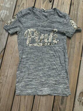 VS Pink Sequin Logo Tee S black/grey Y2K Bling Coquette Casual Sparkle Top 3299